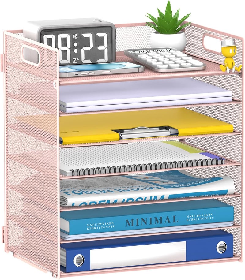 ReePlan 7 Tier Paper Organizer - Mesh Desktop File Holder with Handles for Office School Desk, Black (Pink) - Image 1
